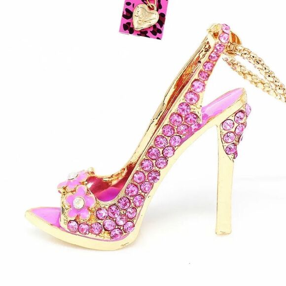 Gorgeous Crystal Flower High-heeled Shoes Pendant Sweater Chain Necklace NWOT - Picture 1 of 4